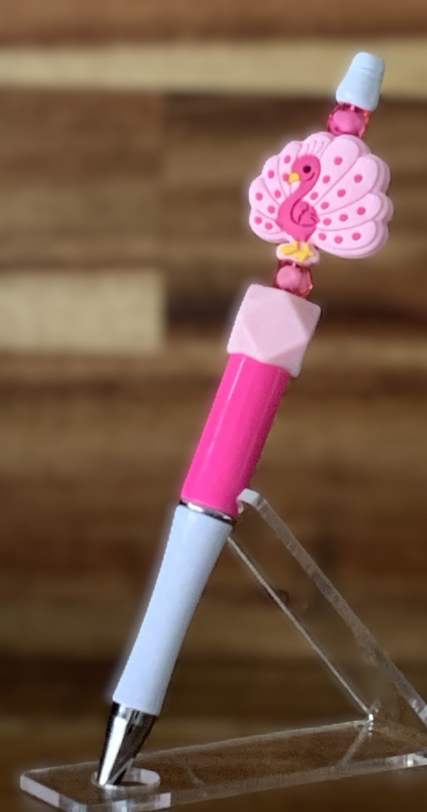 Handmade Flamingo Charm Beaded Pen – Hot Pink & White