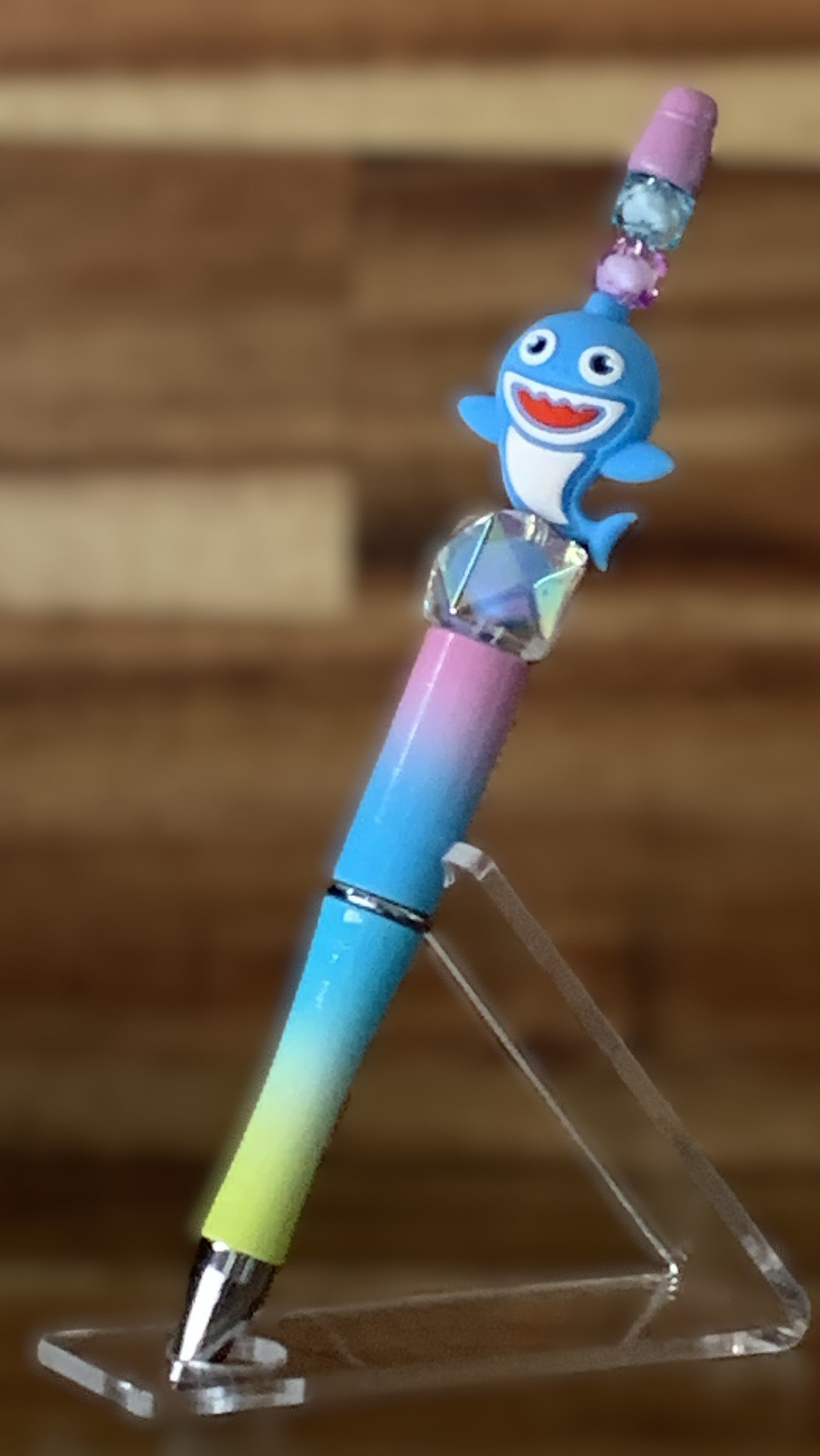 Beaded Pen - Rainbow Ombre Kawaii Shark Charm Large Clear Diamond Crystal Bead