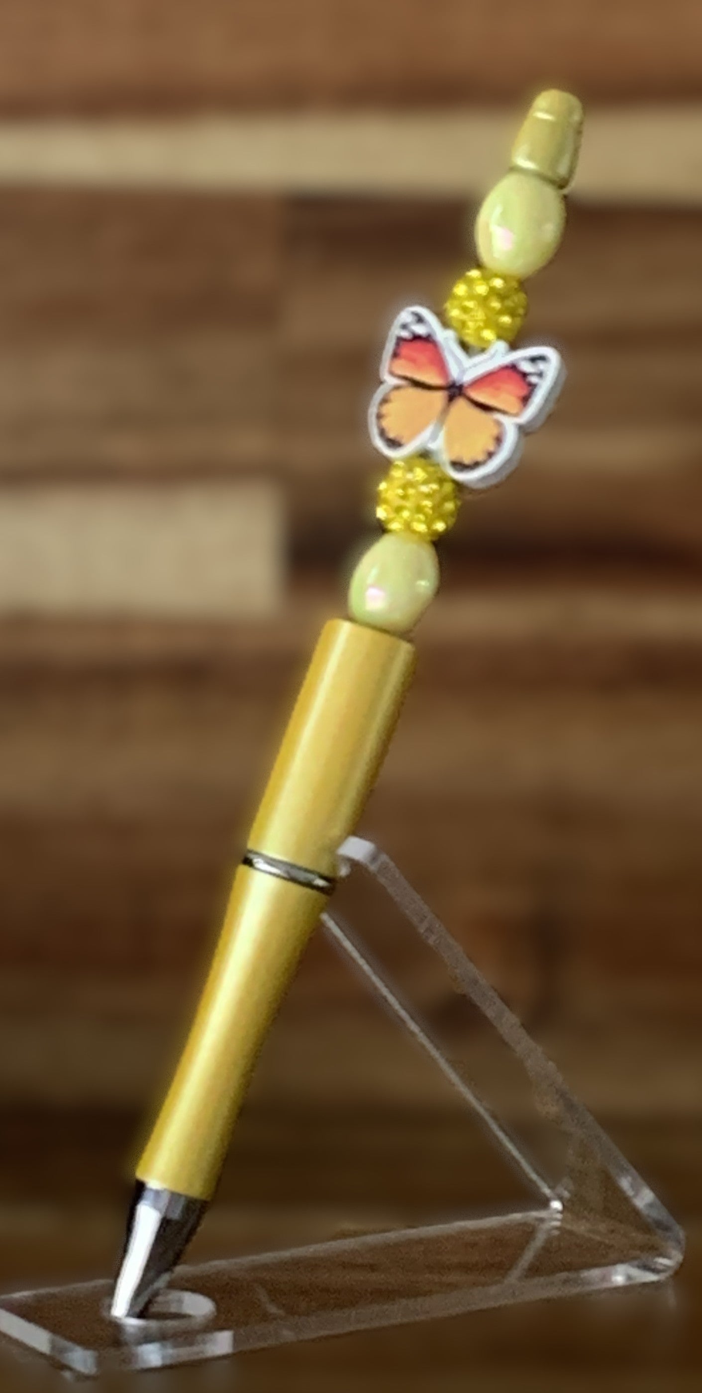 Beaded Pen - Shimmery Gold Orange Coral Butterfly Charm Yellow Rhinestone Disco Ball Bead Sage Oval Beads