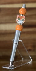 Handmade Ginger Cat Charm Beaded Pen – Silver & Orange