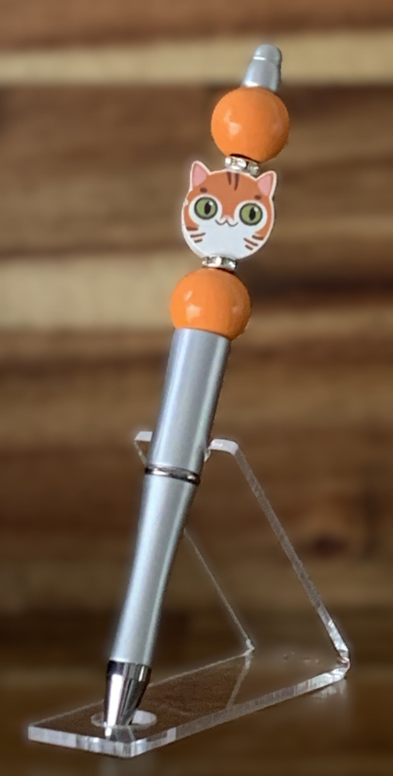 Handmade Ginger Cat Charm Beaded Pen – Silver & Orange