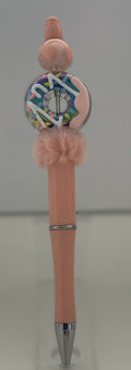 Handmade Confetti Donut & Fluffy Pom Pom Beaded Pen - Peach