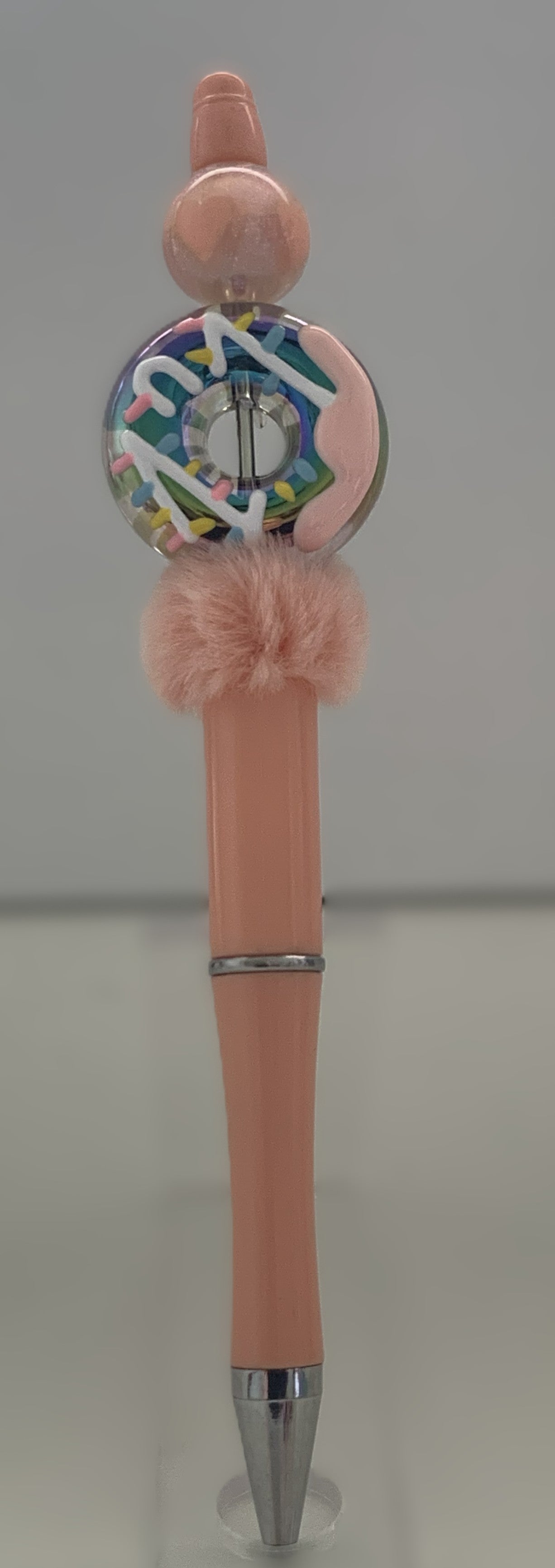 Handmade Confetti Donut & Fluffy Pom Pom Beaded Pen - Peach