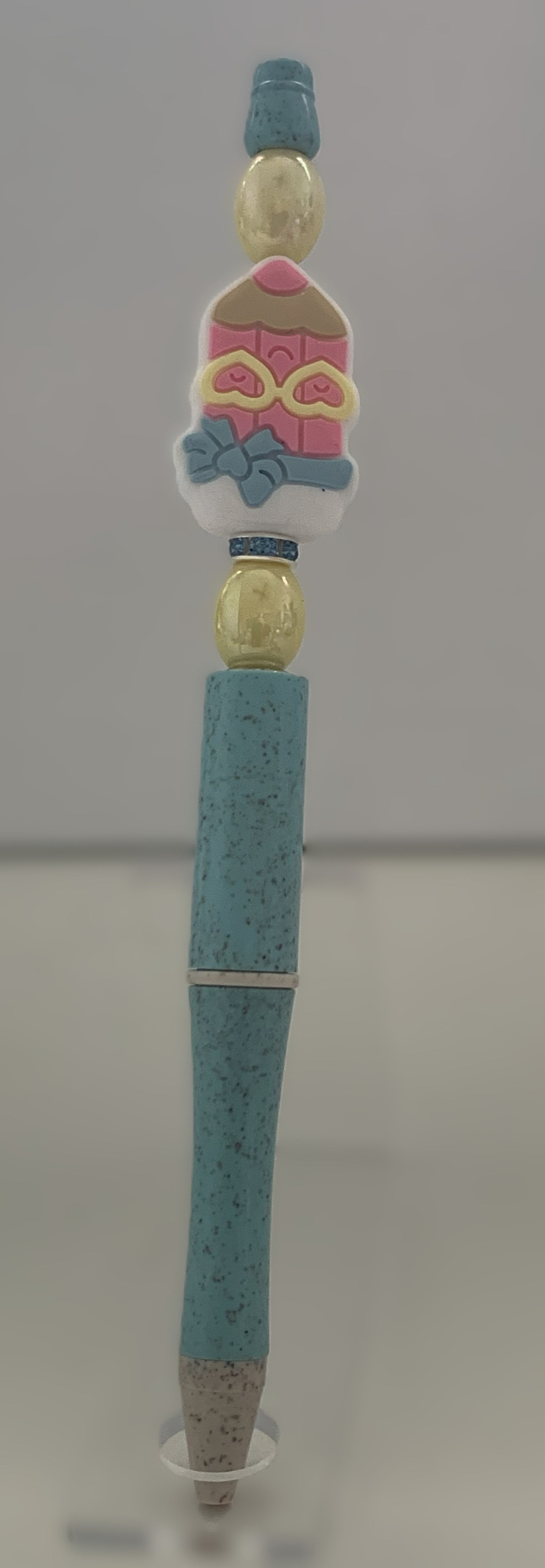 Handmade Gingerbread House Charm Beaded Pen - Sky Blue & Cream