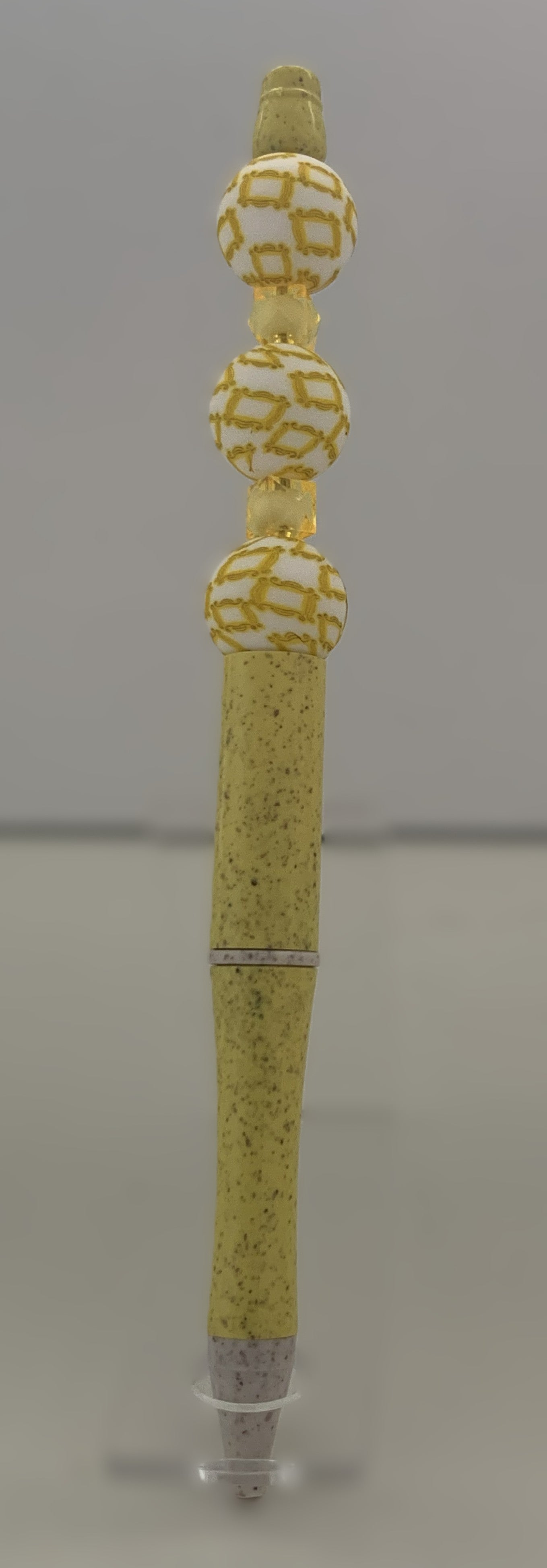 Handmade Gold Geometric Beaded Pen - Lemon Yellow & White